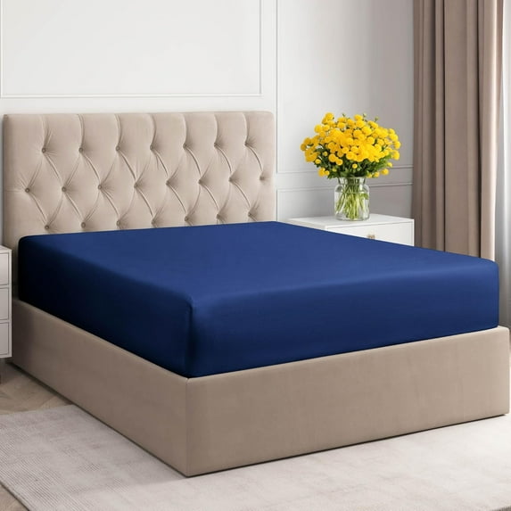 CGK Linens 400 Thread Count Single Fitted Sheet Only - King Size 100% Cotton Sateen Bottom Sheet, Fits Mattress Up To 16", Navy Blue