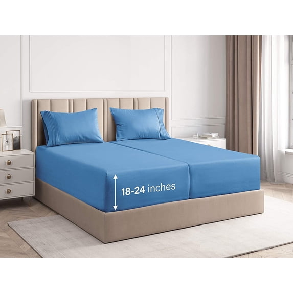 CGK Linens 5-Piece Extra Deep Pocket Sheet Set - Split King Size Breathable & Cooling Bed Sheets Fits 18"-24" Mattresses, Denim Blue