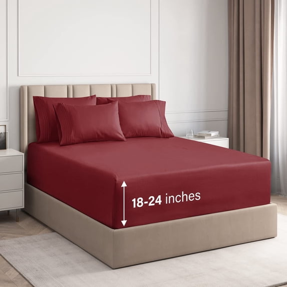 CGK Linens 6-Piece Extra Deep Pocket Sheet Set With Extra Matching Pillowcases - California King Size Bed Sheets Fits 18"-24" Mattresses, Burgundy