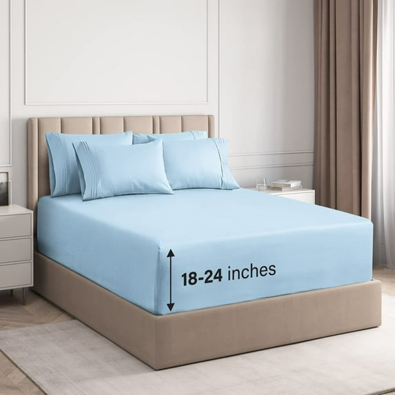 CGK Linens 6-Piece Extra Deep Pocket Sheet Set With Extra Matching Pillowcases - California King Size Bed Sheets Fits 18"-24" Mattresses, Light Blue