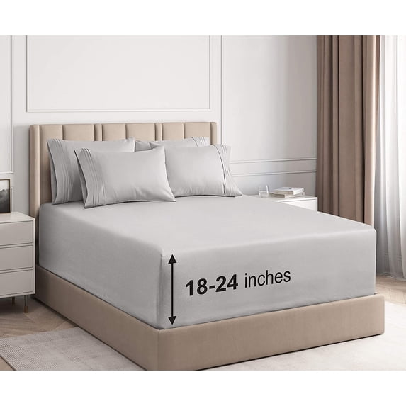 CGK Linens 6-Piece Extra Deep Pocket Sheet Set With Extra Matching Pillowcases - California King Size Bed Sheets Fits 18"-24" Mattresses, Light Gray