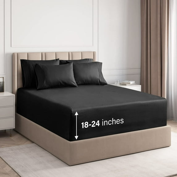CGK Linens 6-Piece Extra Deep Pocket Sheet Set With Extra Matching Pillowcases - Full Size Bed Sheets Fits 18"-24" Mattresses, Black
