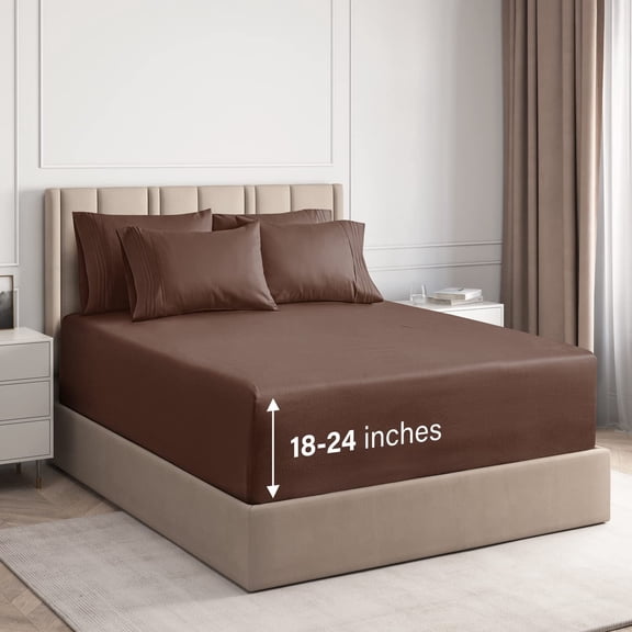 CGK Linens 6-Piece Extra Deep Pocket Sheet Set With Extra Matching Pillowcases - Full Size Bed Sheets Fits 18"-24" Mattresses, Brown