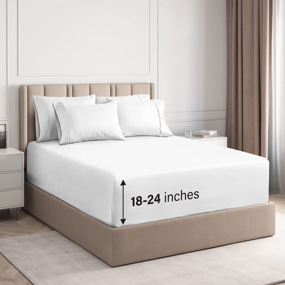 CGK Linens 6-Piece Extra Deep Pocket Sheet Set With Extra Matching Pillowcases - Full Size Bed Sheets Fits 18"-24" Mattresses, White