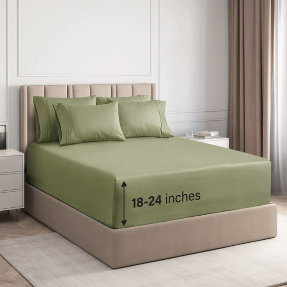 CGK Linens 6-Piece Extra Deep Pocket Sheet Set With Extra Matching Pillowcases - King Size Bed Sheets Fits 18"-24" Mattresses, Sage Green
