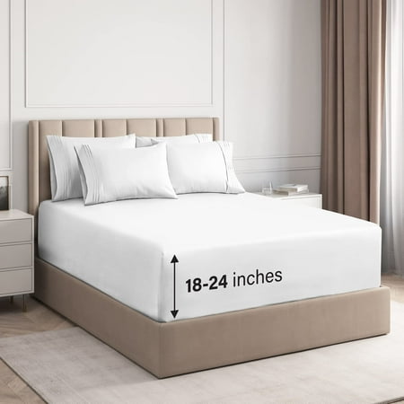 CGK Linens 6-Piece Extra Deep Pocket Sheet Set With Extra Matching Pillowcases - King Size Bed Sheets Fits 18"-24" Mattresses, White