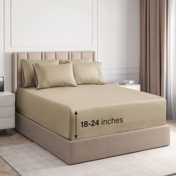 CGK Linens 6-Piece Extra Deep Pocket Sheet Set With Extra Matching Pillowcases - Queen Size Bed Sheets Fits 18"-24" Mattresses, Beige