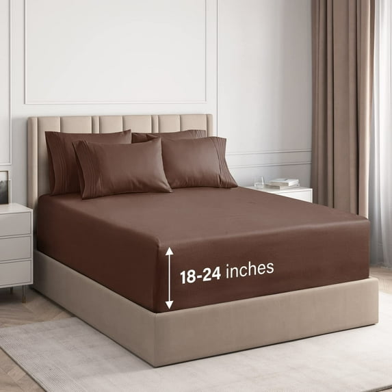 CGK Linens 6-Piece Extra Deep Pocket Sheet Set With Extra Matching Pillowcases - Queen Size Bed Sheets Fits 18"-24" Mattresses, Brown