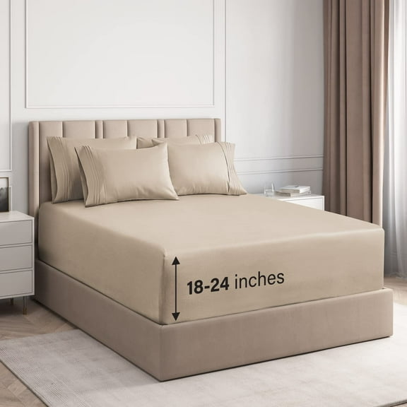 CGK Linens 6-Piece Extra Deep Pocket Sheet Set With Extra Matching Pillowcases - Queen Size Bed Sheets Fits 18"-24" Mattresses, Cream