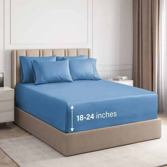 CGK Linens 6-Piece Extra Deep Pocket Sheet Set With Extra Matching Pillowcases - Queen Size Bed Sheets Fits 18"-24" Mattresses, Denim Blue