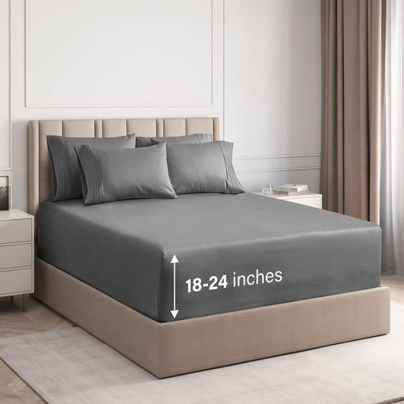 CGK Linens 6-Piece Extra Deep Pocket Sheet Set With Extra Matching Pillowcases - Queen Size Bed Sheets Fits 18"-24" Mattresses, Gray