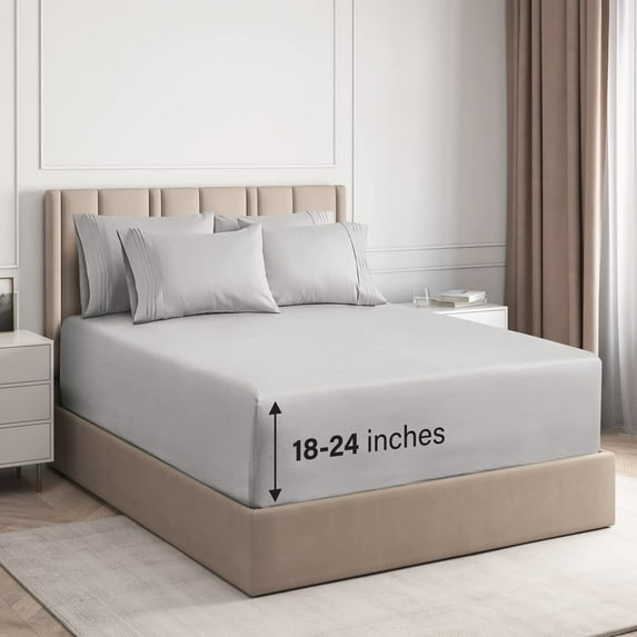 CGK Linens 6-Piece Extra Deep Pocket Sheet Set With Extra Matching Pillowcases - Queen Size Bed Sheets Fits 18"-24" Mattresses, Light Gray