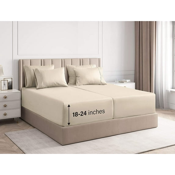 CGK Linens 7-Piece Extra Deep Pocket Sheet Set With Extra Matching Pillowcases - Split King Size Bed Sheets Fits 18"-24" Mattresses, Cream