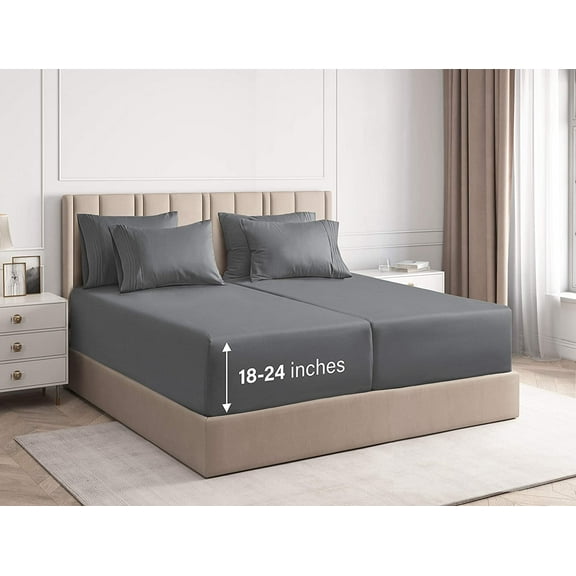 CGK Linens 7-Piece Extra Deep Pocket Sheet Set With Extra Matching Pillowcases - Split King Size Bed Sheets Fits 18"-24" Mattresses, Dark Gray