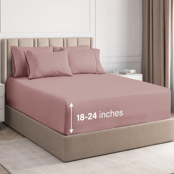 CGK Linens 6-Piece Extra Deep Pocket Sheet Set With Extra Matching Pillowcases - Queen Size Bed Sheets Fits 18"-24" Mattresses, Mauve