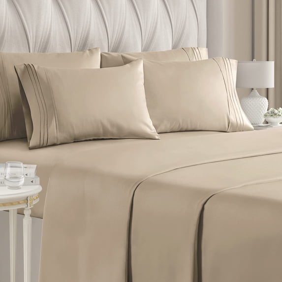 CGK Linens 6-Piece Breathable and Cooling Sheet Set With Extra Matching Pillowcases - Full Size Bed Sheets Fits 8"-16" Mattresses, Beige