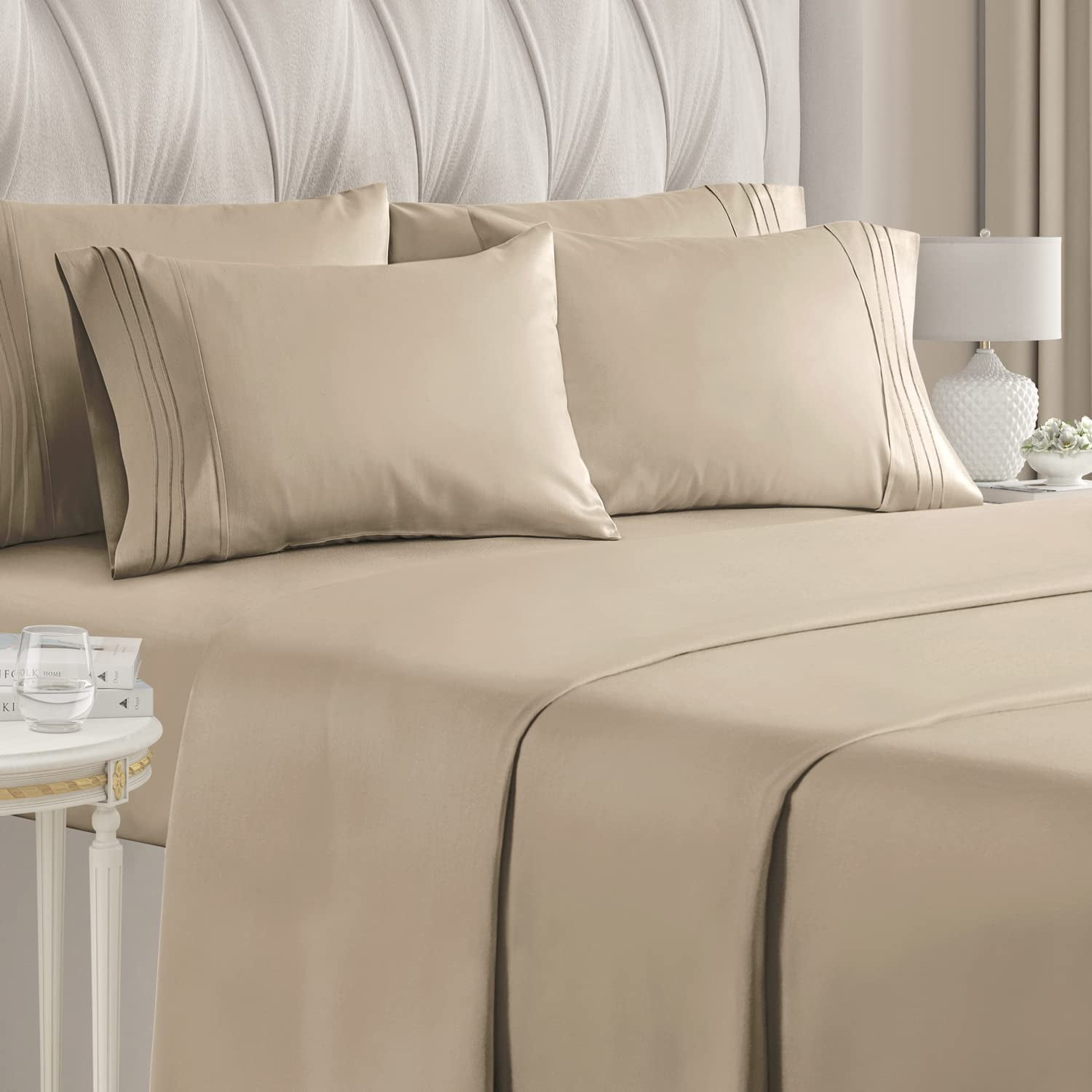 Beige Queen Microfiber Solid 6-Piece Sheet Set