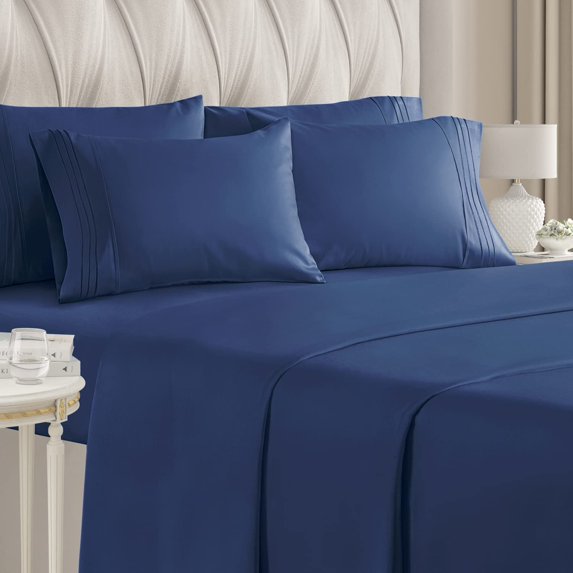CGK Linens 6-Piece Breathable and Cooling Sheet Set With Extra Matching Pillowcases - Queen Size Bed Sheets Fits 8"-16" Mattresses, Navy Blue
