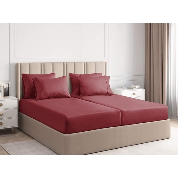 CGK Linens 7-Piece Breathable and Cooling Sheet Set With Extra Matching Pillowcases - Split King Size Bed Sheets Fits 8"-16" Mattresses, Burgundy