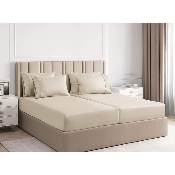 CGK Linens 7-Piece Breathable and Cooling Sheet Set With Extra Matching Pillowcases - Split King Size Bed Sheets Fits 8"-16" Mattresses, Cream