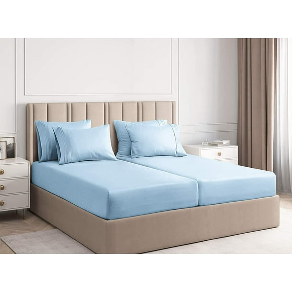CGK Linens 7-Piece Breathable and Cooling Sheet Set With Extra Matching Pillowcases - Split King Size Bed Sheets Fits 8"-16" Mattresses, Light Blue