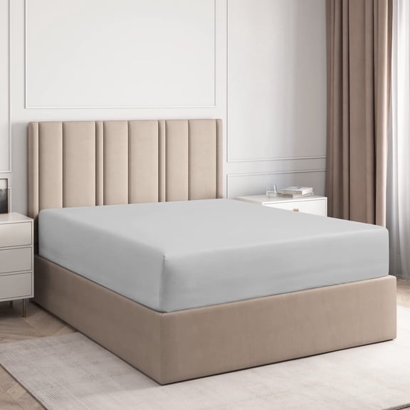 CGK Linens 400 Thread Count Single Fitted Sheet Only - Queen Size 100% Cotton Sateen Bottom Sheet, Fits Mattress Up To 16", Light Grey