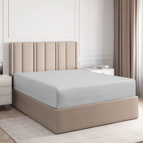CGK Linens 400 Thread Count Single Fitted Sheet Only - Twin Size 100% Cotton Sateen Bottom Sheet, Fits Mattress Up To 16", Light Grey