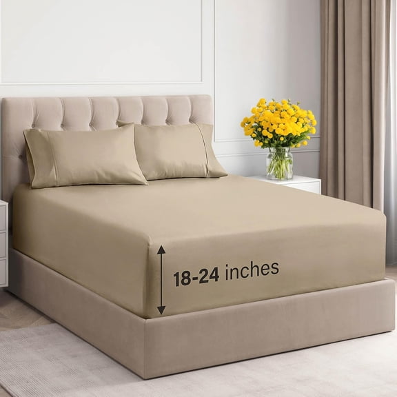 CGK Linens 4-Piece 400 Thread Count Extra Deep Pocket Cotton Sheet Set - King Size 100% Cotton Sateen Bed Sheets Fits 8"-16" Mattresses, Cream