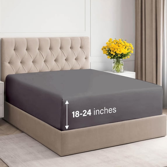 CGK Linens 400 Thread Count Extra Deep Pocket Single Fitted Sheet Only - King Size 100% Cotton Sateen Bottom Sheet, Fits 18"-24" Mattresses, Dark Grey
