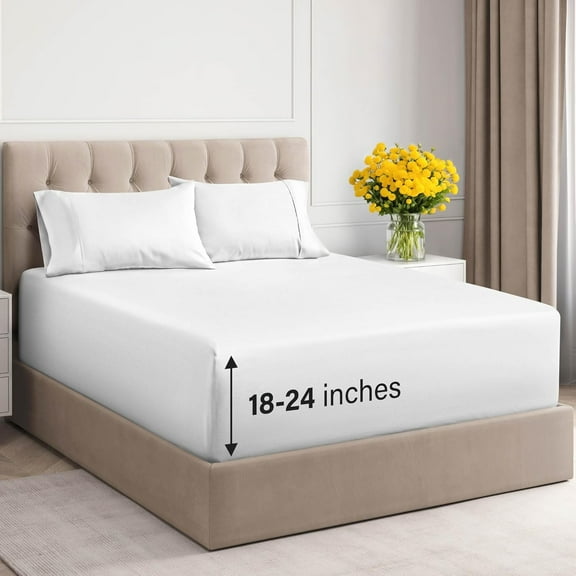 CGK Linens 4-Piece 400 Thread Count Extra Deep Pocket Cotton Sheet Set - King Size 100% Cotton Sateen Bed Sheets Fits 8"-16" Mattresses, White