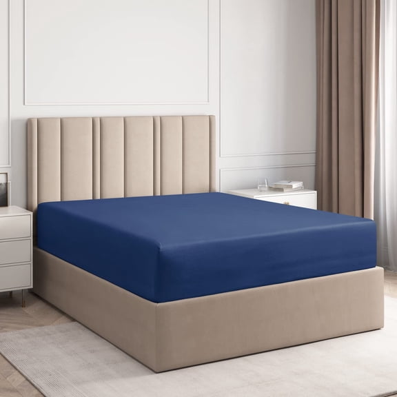 CGK Linens Hotel Luxury Single Fitted Sheet Only - Queen Size Wrinkle-Resistant Bottom Sheet, Fits Mattress Up To 16", Navy Blue