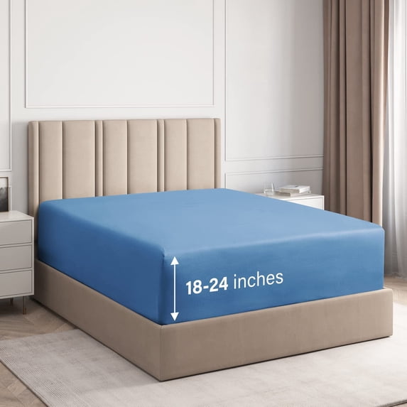 CGK Linens Extra Deep Pocket Single Fitted Sheet Only - Queen Size Wrinkle-Resistant & Comfy Bottom Sheet, Fits 18"-24" Mattresses, Denim Blue