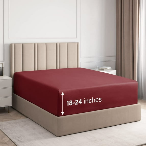 CGK Linens Extra Deep Pocket Single Fitted Sheet Only - Full Size Wrinkle-Resistant & Comfy Bottom Sheet, Fits 18"-24" Mattresses, Burgundy