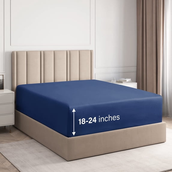 CGK Linens Extra Deep Pocket Single Fitted Sheet Only - Twin XL Size Wrinkle-Resistant & Comfy Bottom Sheet, Fits 18"-24" Mattresses, Navy Blue