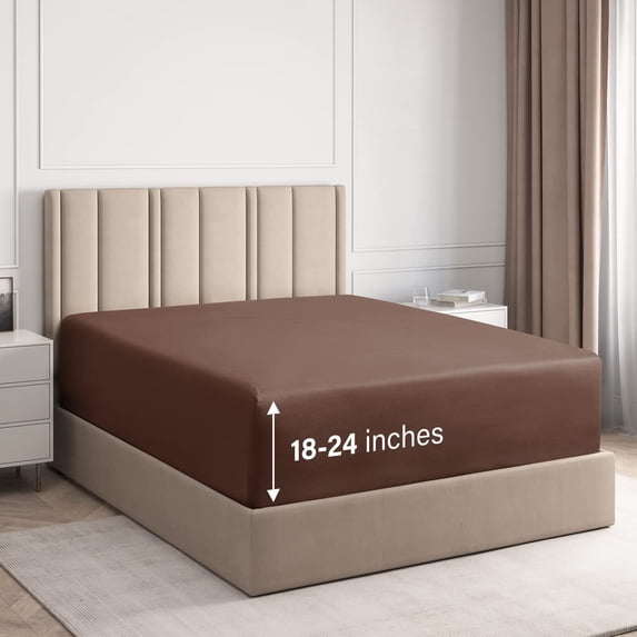 CGK Linens Extra Deep Pocket Single Fitted Sheet Only - Queen Size Wrinkle-Resistant & Comfy Bottom Sheet, Fits 18"-24" Mattresses, Brown