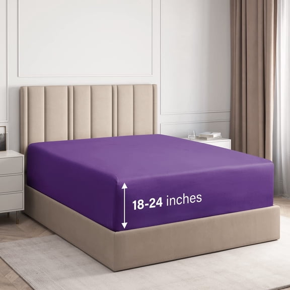 CGK Linens Extra Deep Pocket Single Fitted Sheet Only - Twin Size Wrinkle-Resistant & Comfy Bottom Sheet, Fits 18"-24" Mattresses, Purple