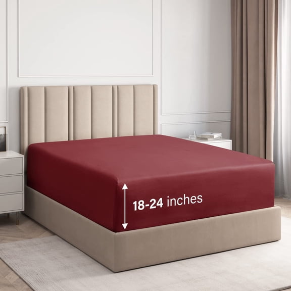 CGK Linens Extra Deep Pocket Single Fitted Sheet Only - Twin XL Size Wrinkle-Resistant & Comfy Bottom Sheet, Fits 18"-24" Mattresses, Burgundy
