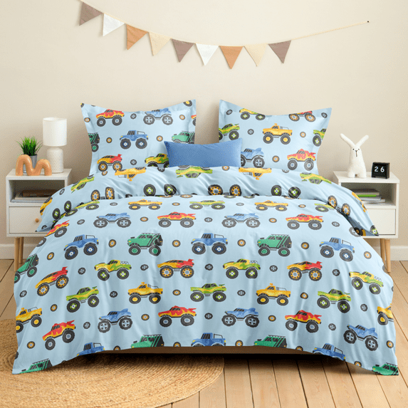CGK Linens Kids Duvet Cover Set with Matching Pillowcases - Full Size, Monster Trucks