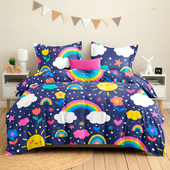 CGK Linens Kids Duvet Cover Set with Matching Pillowcases - Queen Size, Rainbow Dream