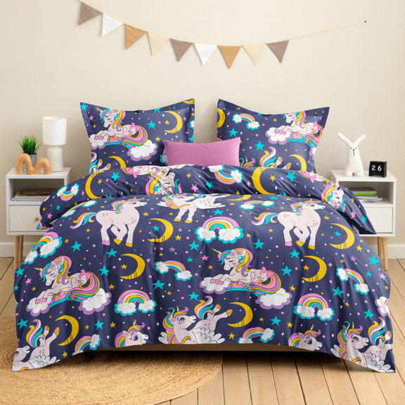 CGK Linens Kids Duvet Cover Set with Matching Pillowcases - Queen Size, Unicorn Rainbow