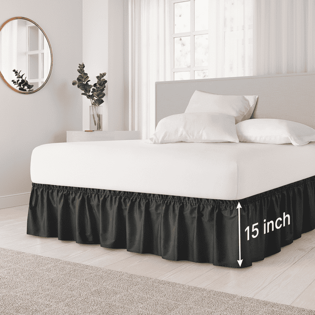 CGK Linens Wrap Around Dust Ruffle Bed Skirt - For Queen Size Bed With 15 Inch Drop, Easy Fit Elastic Strap - Pleated Bedskirt, Black