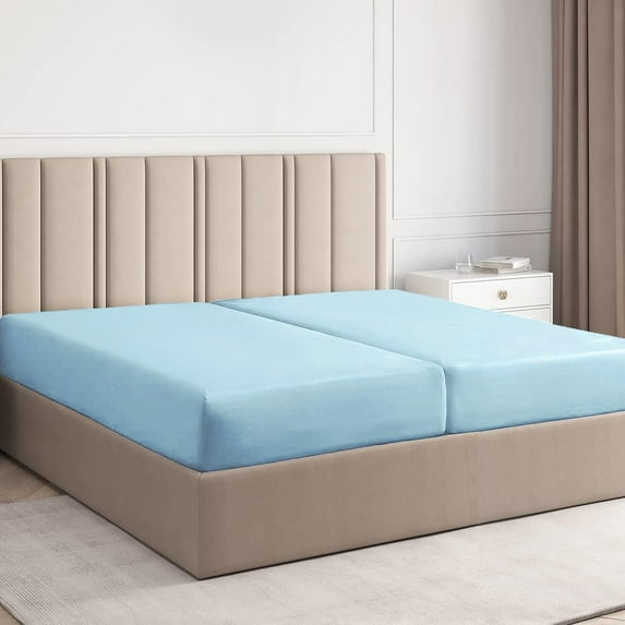 CGK Linens 2-Piece Hotel Luxury Single Fitted Sheet Only - Split King Size Wrinkle-Resistant Bottom Sheet, Fits Mattress Up To 16", Light Blue