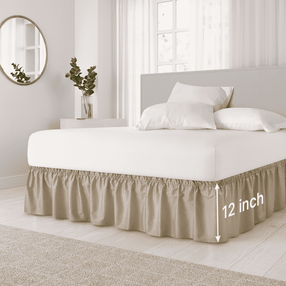 CGK Linens Wrap Around Dust Ruffle Bed Skirt - For Full Size Bed With 12 Inch Drop, Easy Fit Elastic Strap - Pleated Bedskirt, Beige