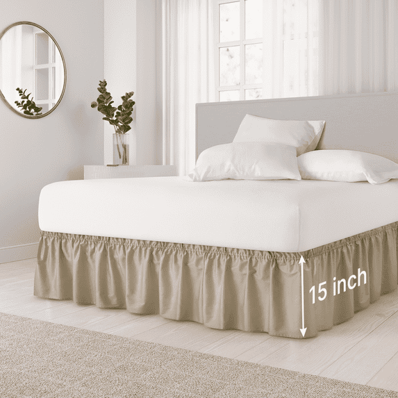 CGK Linens Wrap Around Dust Ruffle Bed Skirt - For Full Size Bed With 15 Inch Drop, Easy Fit Elastic Strap - Pleated Bedskirt, Beige