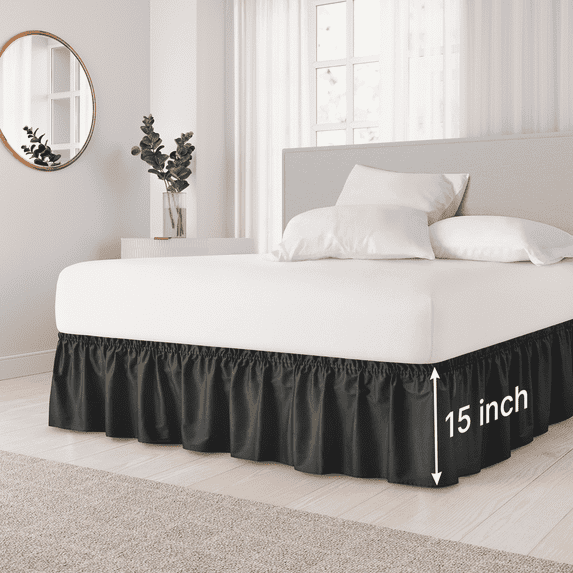 CGK Linens Wrap Around Dust Ruffle Bed Skirt - For Full Size Bed With 15 Inch Drop, Easy Fit Elastic Strap - Pleated Bedskirt, Black