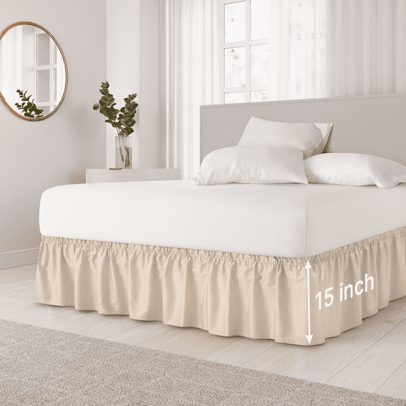 CGK Linens Wrap Around Dust Ruffle Bed Skirt - For Full Size Bed With 15 Inch Drop, Easy Fit Elastic Strap - Pleated Bedskirt, Cream