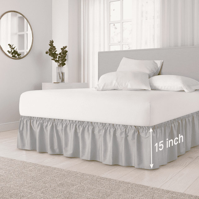 CGK Linens Wrap Around Dust Ruffle Bed Skirt - For Full Size Bed With 15 Inch Drop, Easy Fit Elastic Strap - Pleated Bedskirt, Light Gray