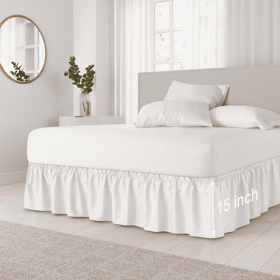 CGK Linens Wrap Around Dust Ruffle Bed Skirt - For Full Size Bed With 15 Inch Drop, Easy Fit Elastic Strap - Pleated Bedskirt, White