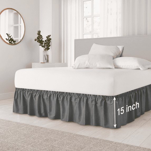 CGK Linens Wrap Around Dust Ruffle Bed Skirt - For King Size Bed With 15 Inch Drop, Easy Fit Elastic Strap - Pleated Bedskirt, Gray