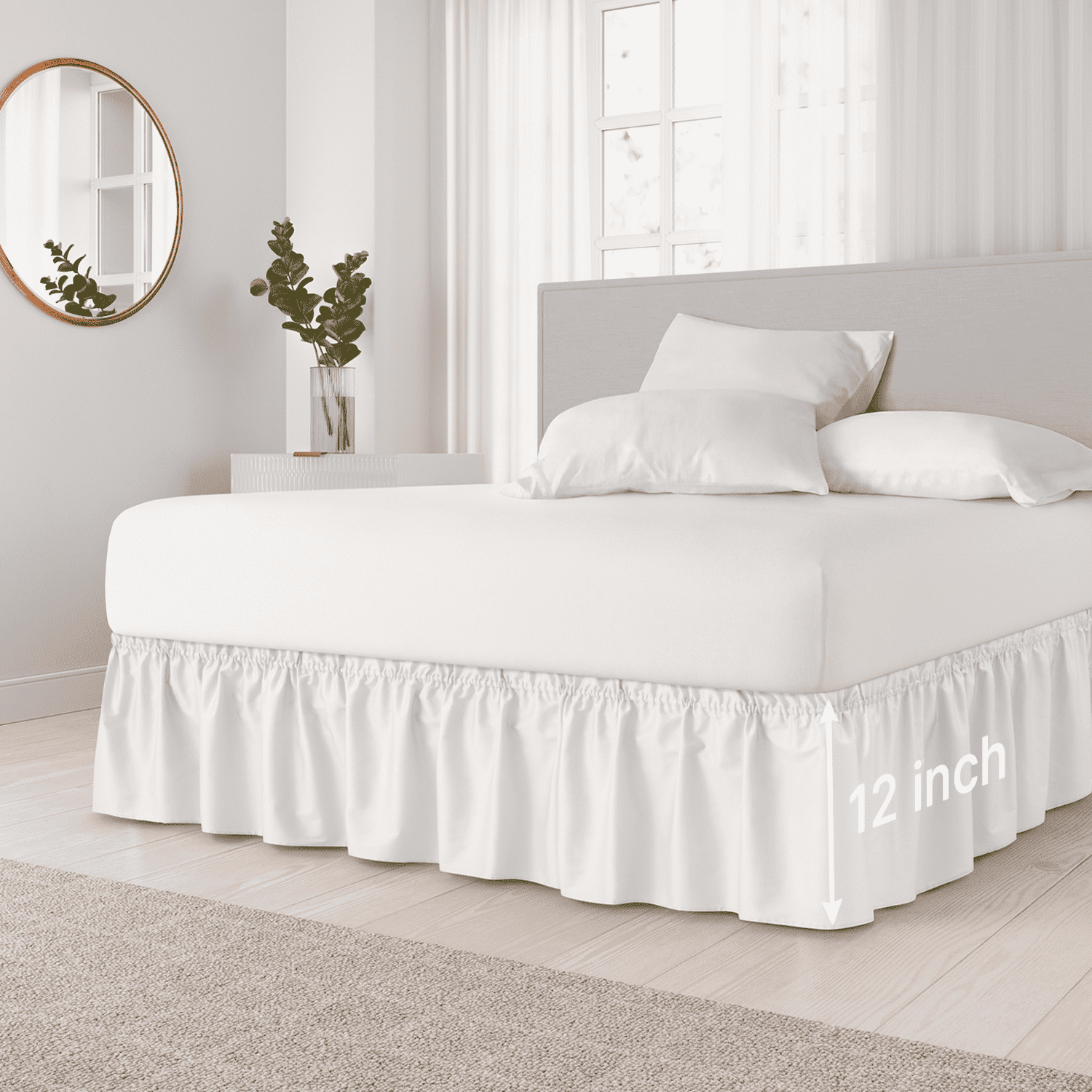 CGK Linens Wrap Around Dust Ruffle Bed Skirt - For Queen Size Bed With 12 Inch Drop, Easy Fit Elastic Strap - Pleated Bedskirt, White